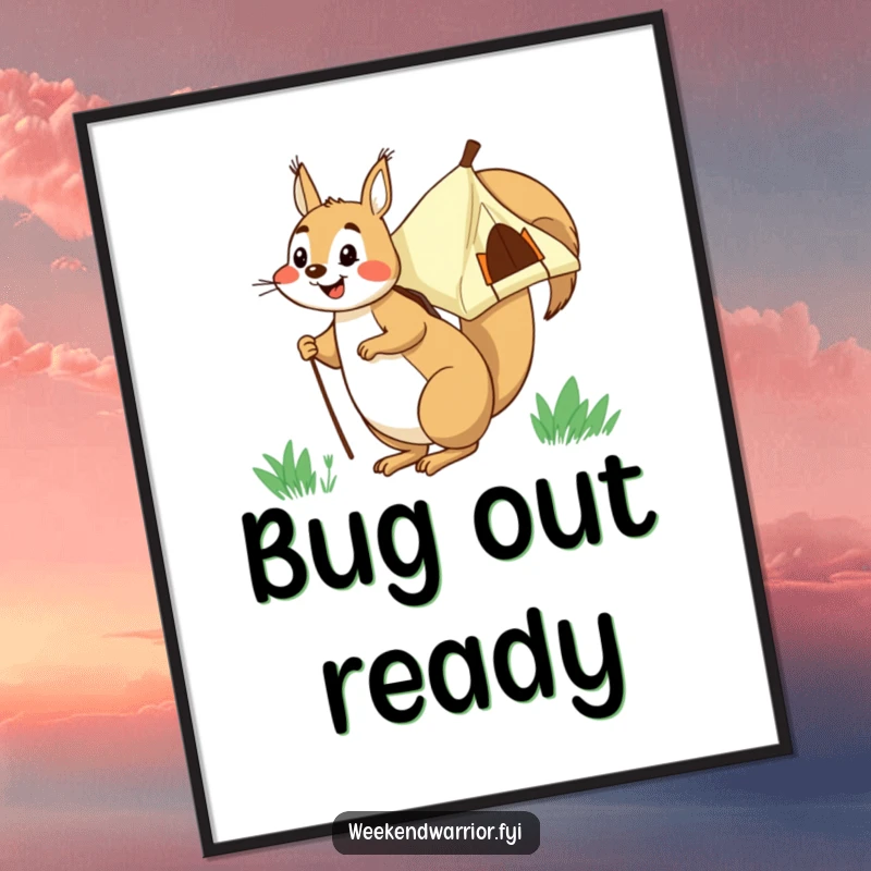 Funny squirrel carrying its tent on its back, a humorous digital art print.