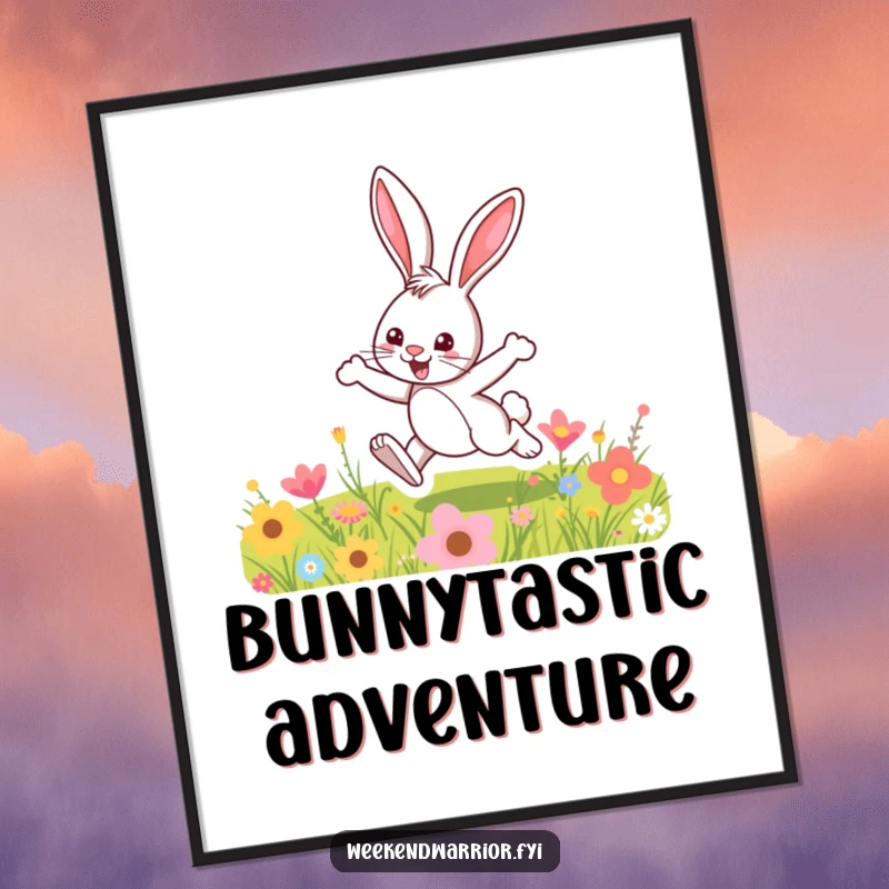 Funny digital art print of a fun cartoon bunny hopping exuberantly over a colorful meadow, full of life.