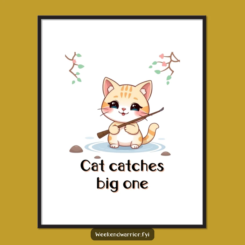 Funny Smiling Cat Fishing Digital Art, Relaxing Decor for Your Space