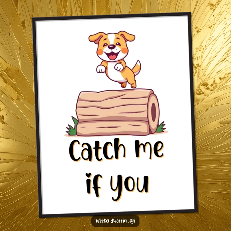 Funny Jumping Dog Art Print of a cheerful dog performing a spectacular jump over a log, ideal for instant wall decor.