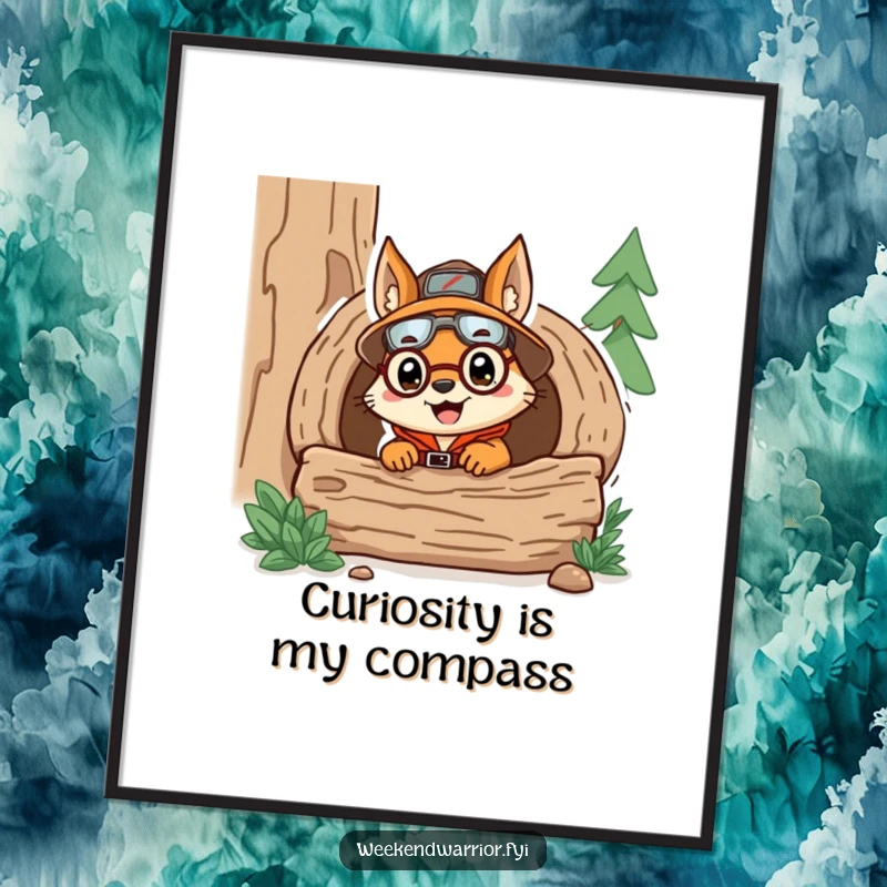 Funny digital art print of a delighted squirrel explorer in gear, humorously peeking from a log, ideal for wall decor.