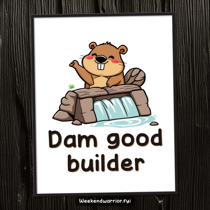 Funny digital art print of a silly cartoon beaver building a dam with great enthusiasm, symbolizing effort.