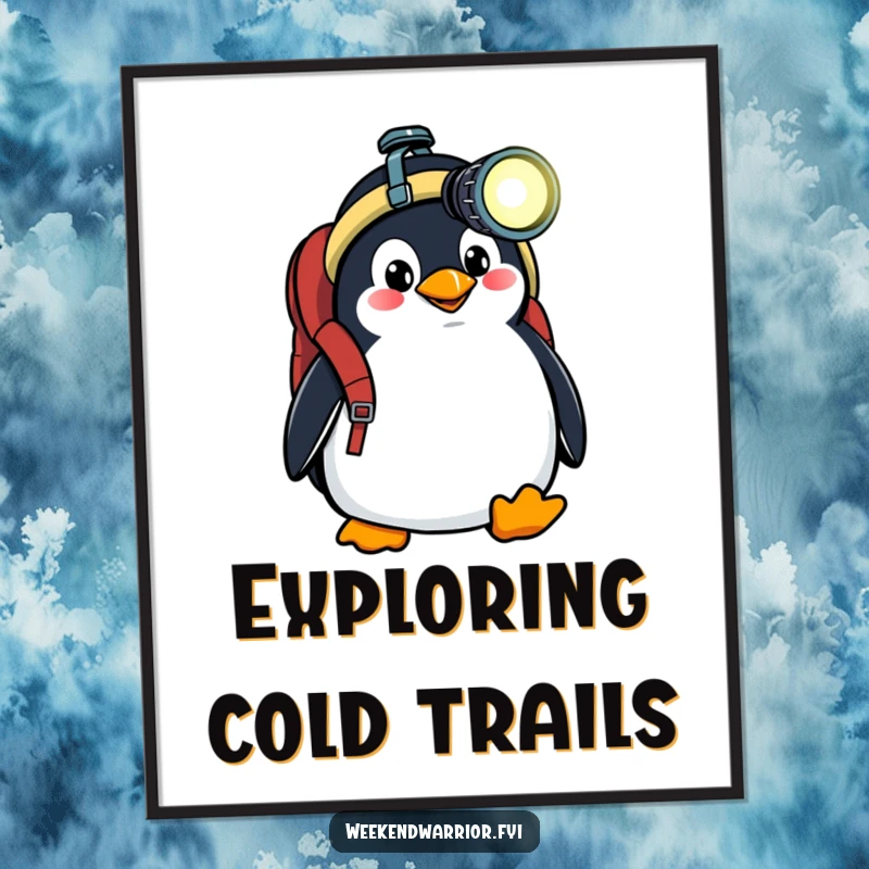 Funny digital art print of a goofy penguin with a backpack and headlamp, ideal for instant, humorous wall decor.