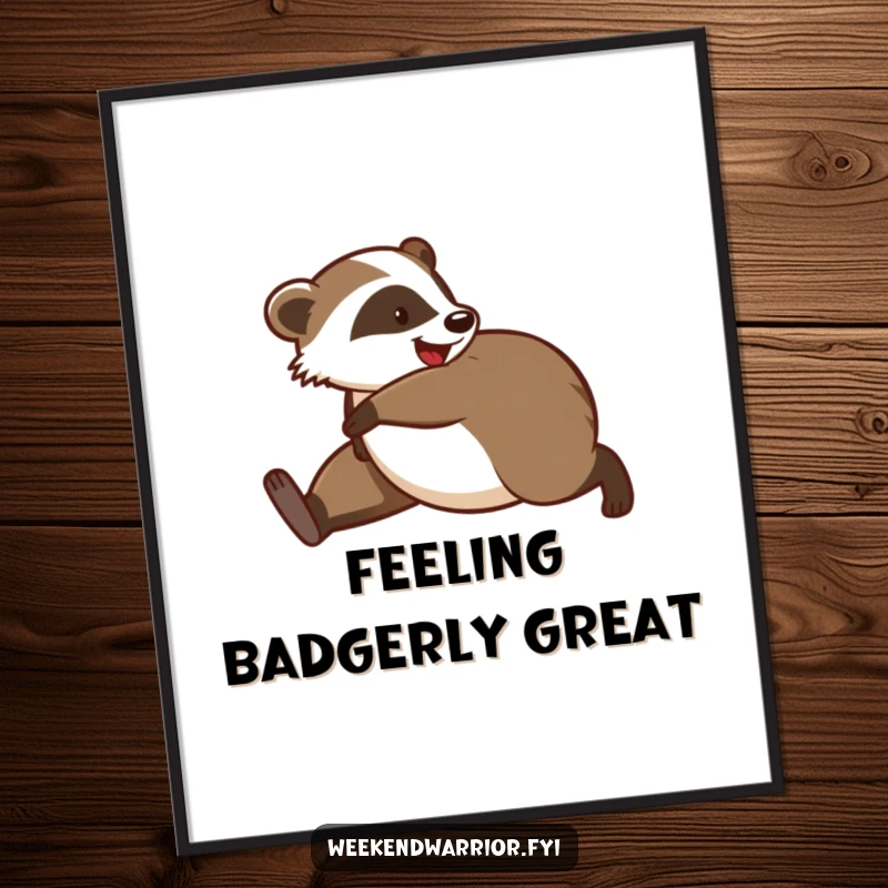 Funny digital art print of a playful badger stretching, ready for a morning jog, ideal for instant, humorous wall decoration.