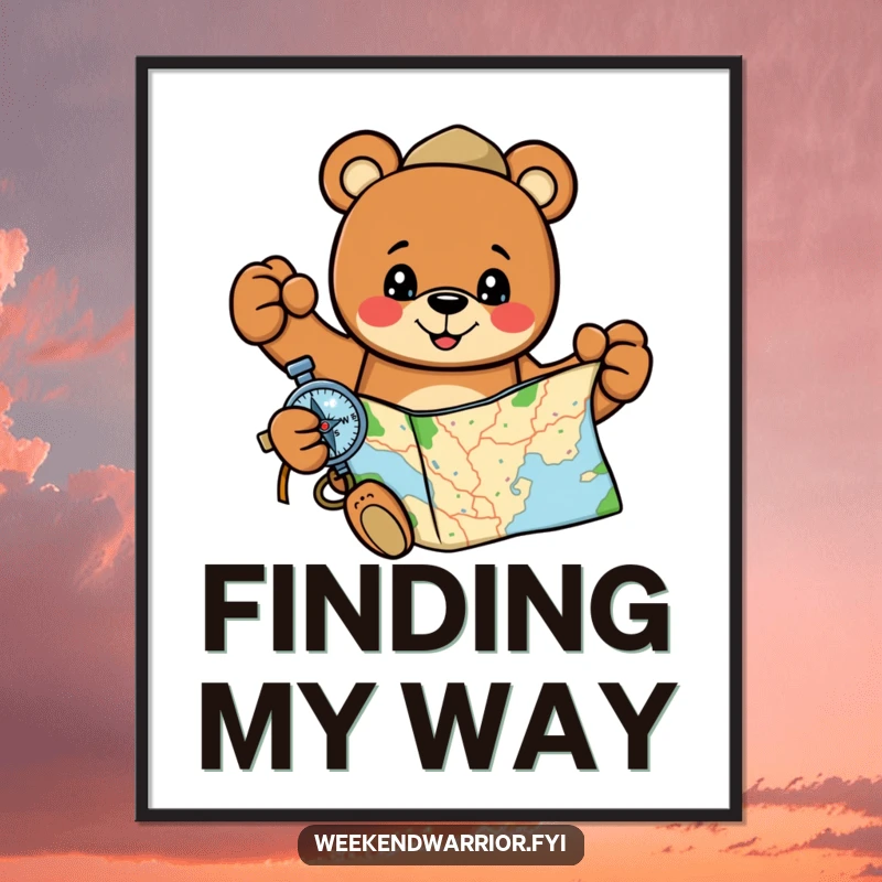 Funny, cheerful bear holding a map and compass as digital art for adventurous decor.