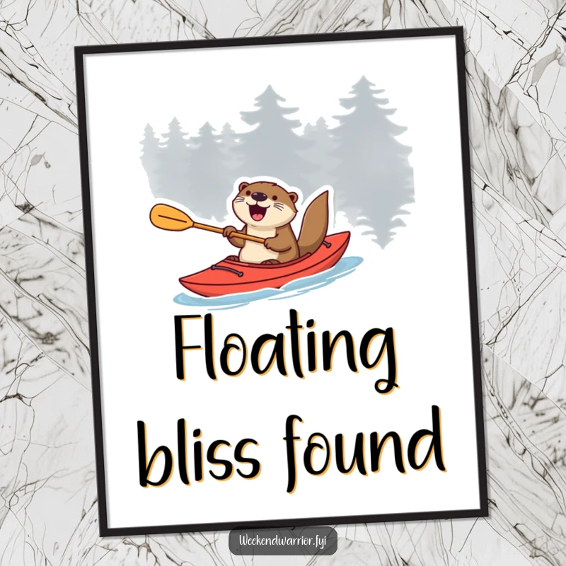 Funny otter in a kayak with a paddle, expressing excitement, a humorous digital art print.