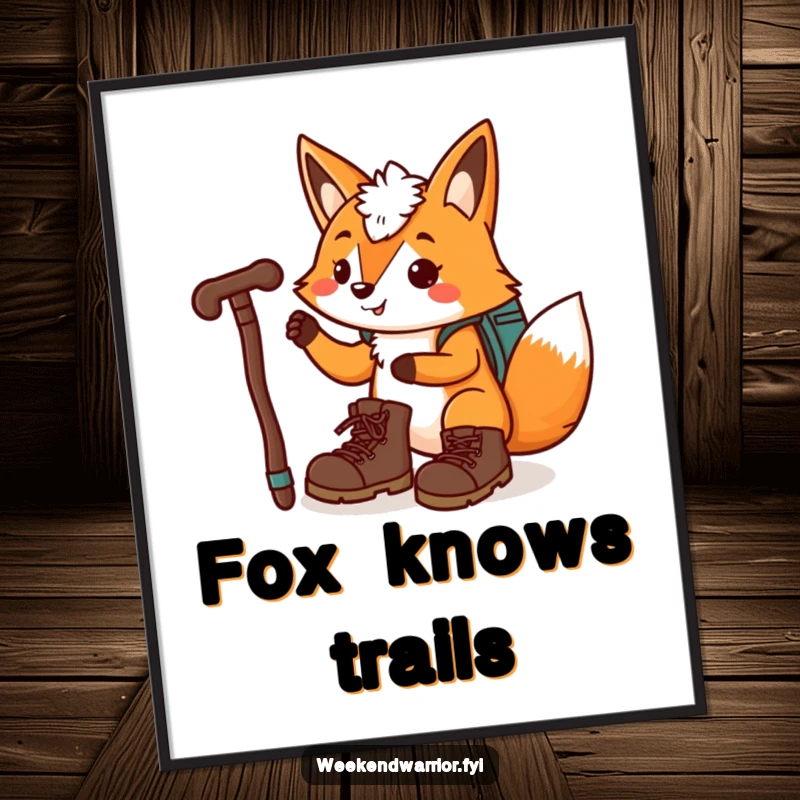Funny, playful fox with hiking boots and a walking stick as digital art for decor.