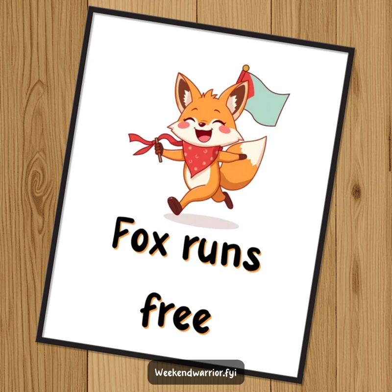 Funny fox digital art print showing a joyful fox in a bandana running with a flag, motivational and humorous downloadable art.