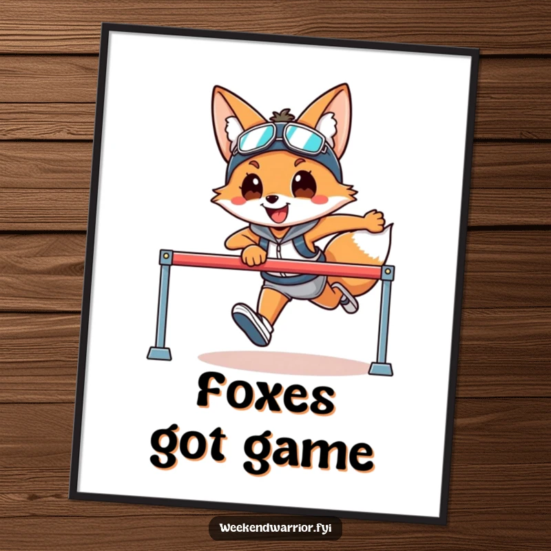 Funny digital art print of a smiling fox in athletic gear leaping over a hurdle, ideal for sporty decor.