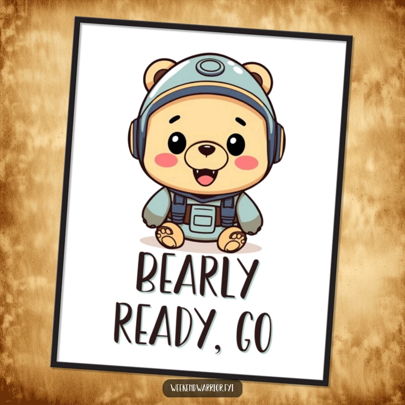 Funny digital art print of a cheerful bear wearing a helmet, looking ready for exciting adventures, inspiring wanderlust.
