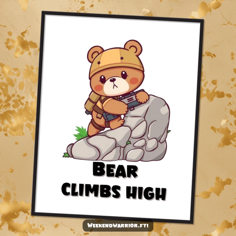 Funny bear digital art print showing a determined bear in combat gear scaling a tough rock face, motivational and humorous downloadable art.