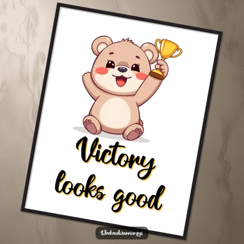 Funny bear cub trophy digital art print of a happy cub raising a small trophy, conveying a sense of achievement and delight.