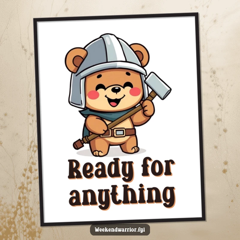 Funny digital art print of a happy bear in a helmet holding a hammer, perfect for builders and DIY enthusiasts.