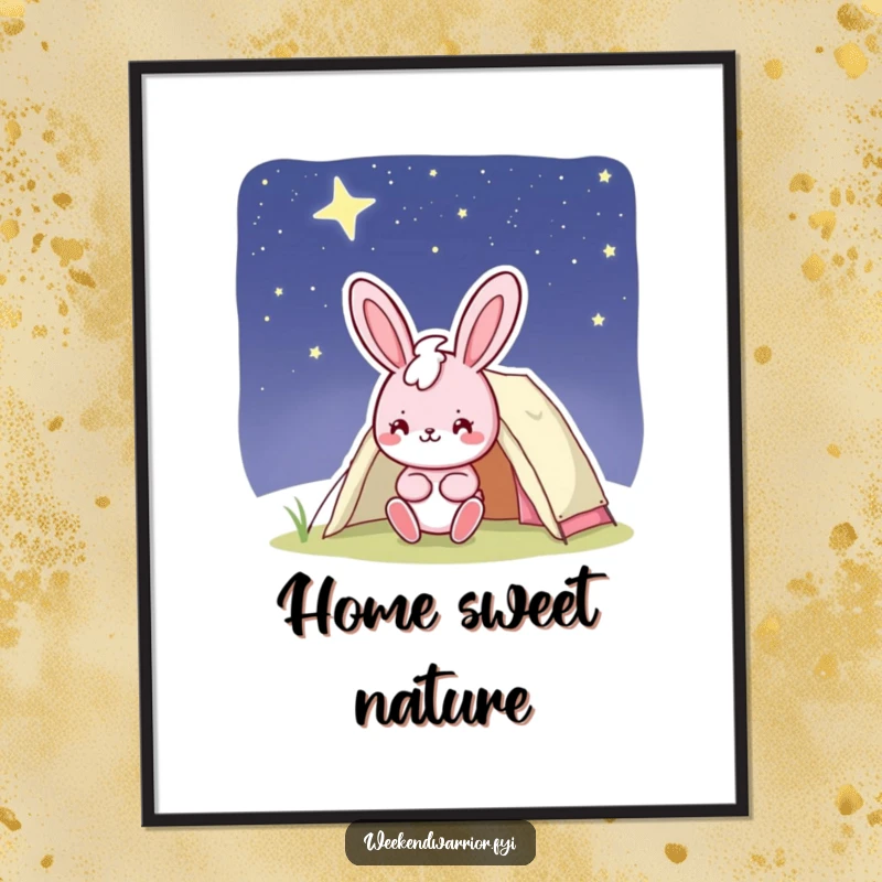 Funny bunny digital art print of a cheerful pink character with a confident smile setting up a tent under a starry night sky, for humorous decor.