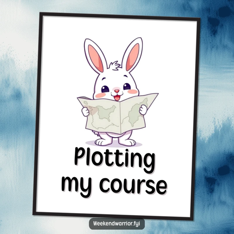 Funny Bunny Digital Art Print holding a large map, looking resolute, perfect for travel-themed decor.