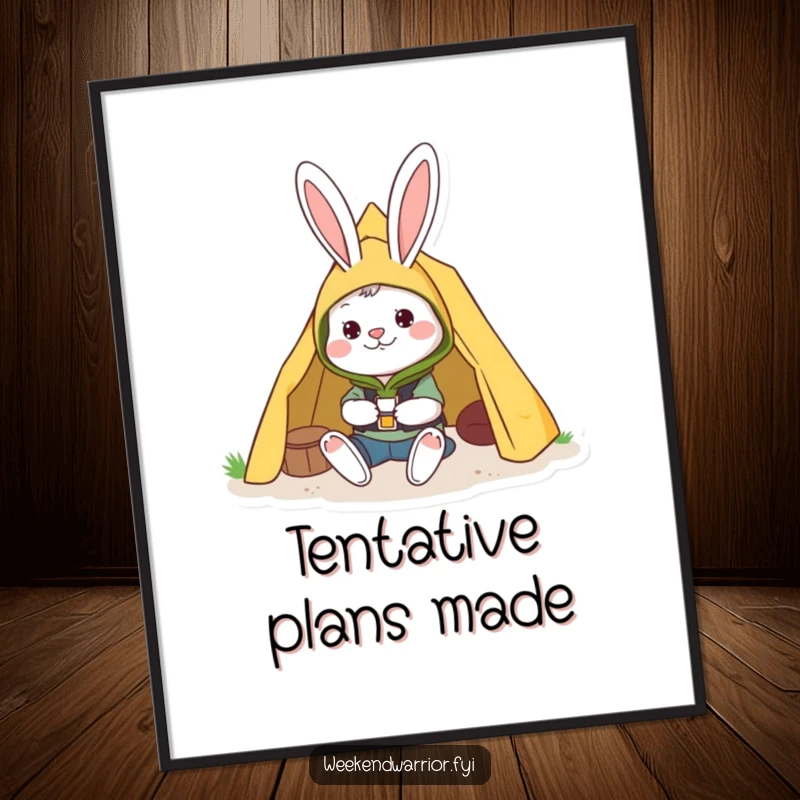 Funny digital art print of a cheerful rabbit in camping gear setting up a tent, ideal for whimsical decor.