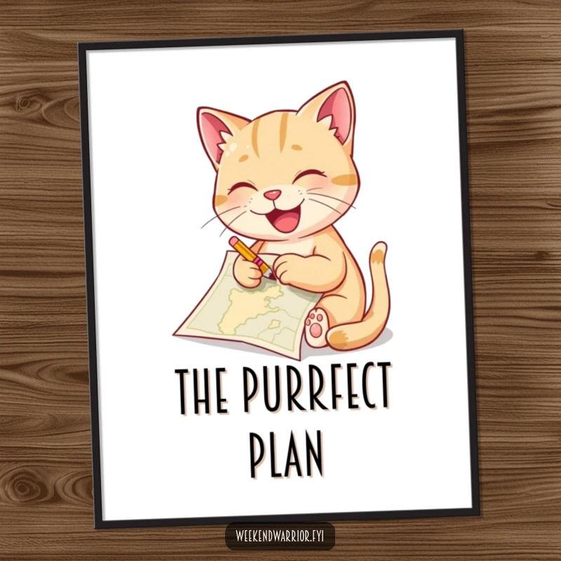 Funny cat digital art print of a delighted cat sketching a map with a tiny pencil, offering whimsical and artistic wall decor.