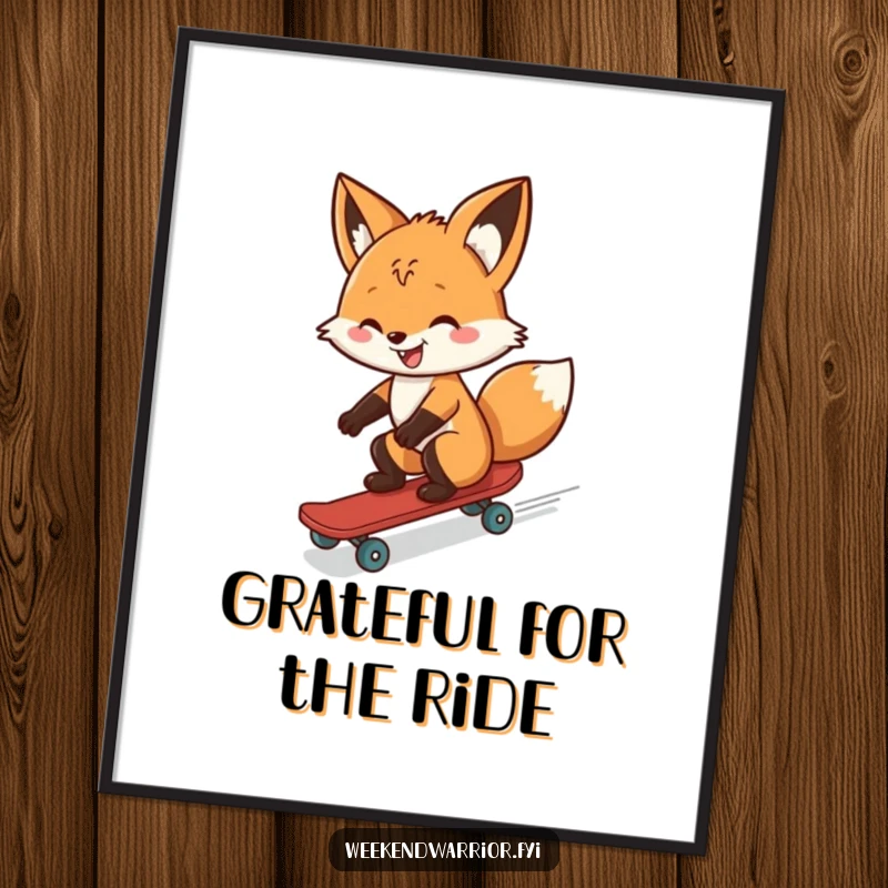 Funny digital art print of a fox skateboarding downhill with a grin, capturing exhilarating freedom and wild, playful humor.