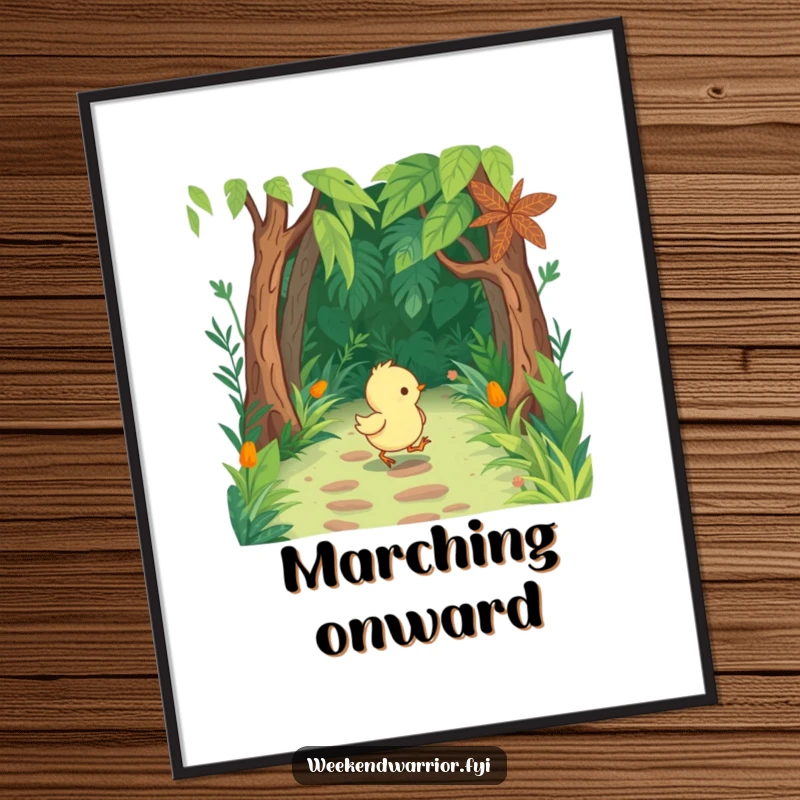 Funny Chick Digital Art Print with tiny boots, marching through a lush jungle path, full of cuteness.