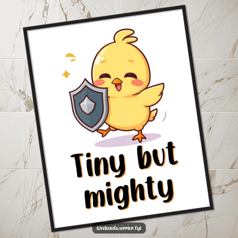 Funny chick digital art print of a giggling yellow character with a tiny shield, playfully dodging imaginary attacks, for humorous decor.