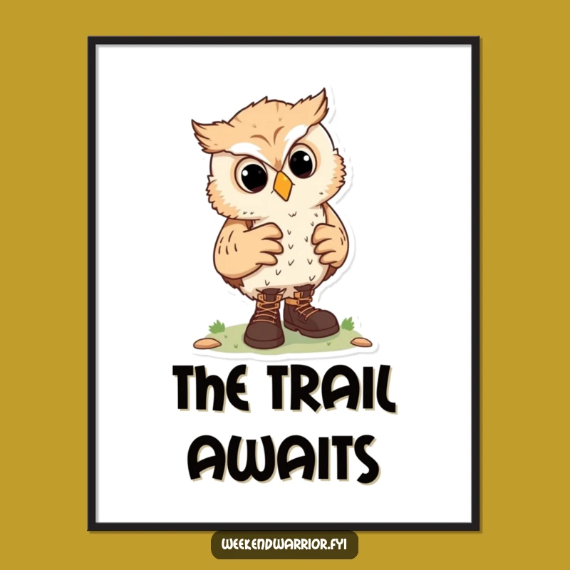 Funny Curious Owl Hiking Digital Art, Decorate with Wanderlust