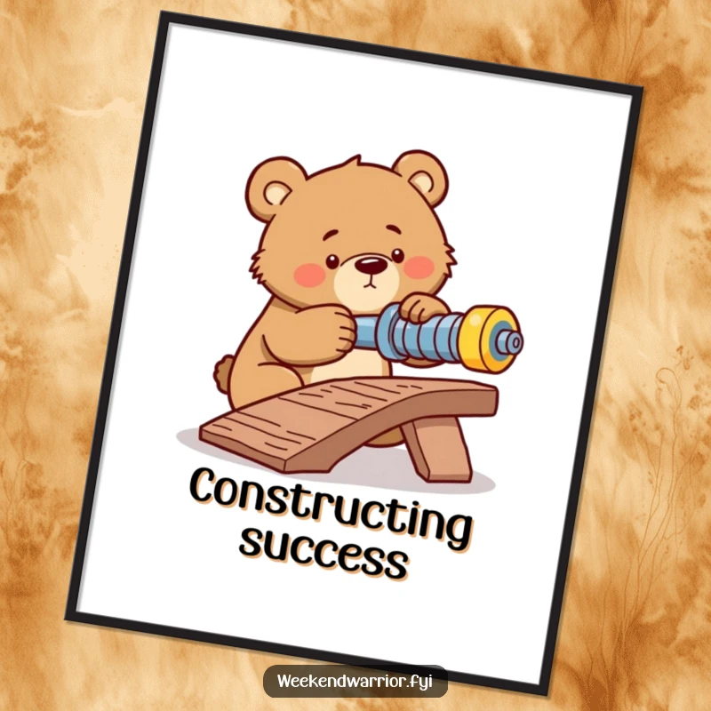 Funny digital art print of a determined bear intently tightening a bolt on a makeshift ramp, conveying focus.