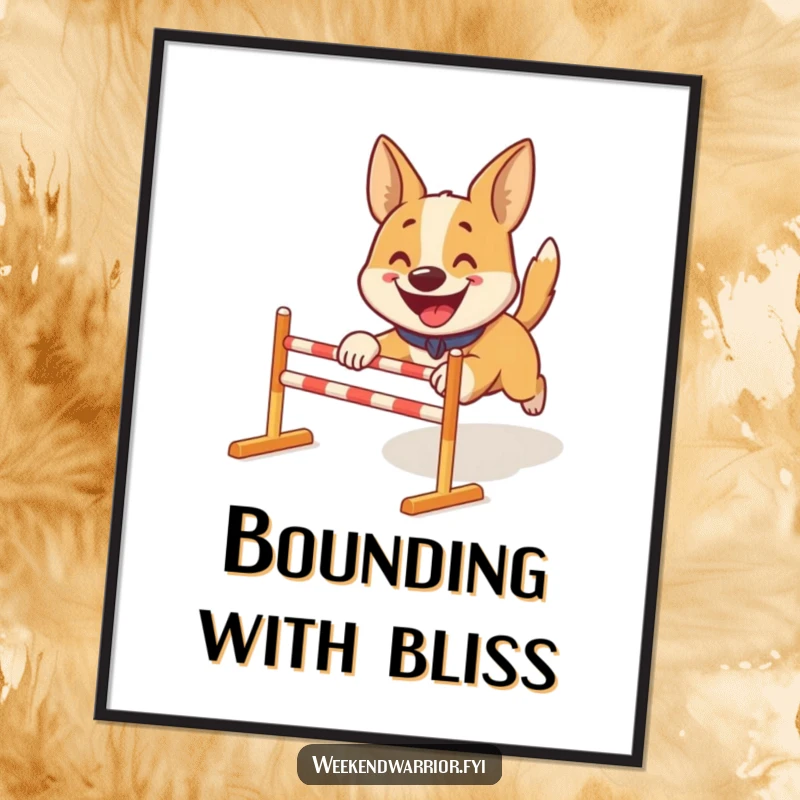 Funny digital art: A smiling dog energetically tackling a miniature obstacle course, ready for digital display.