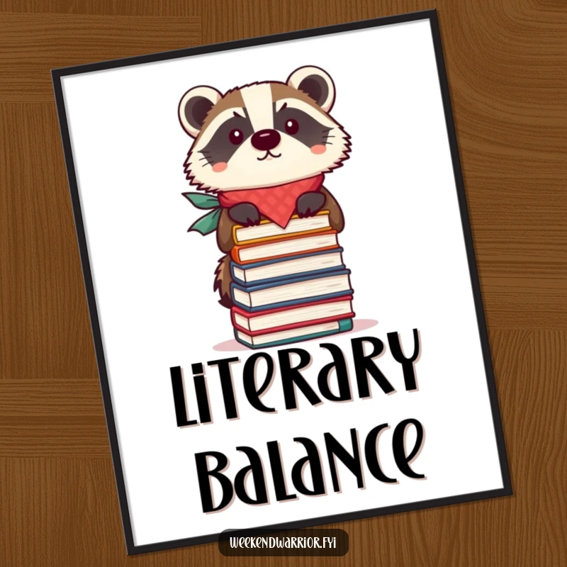 Funny digital art print of a focused badger in a bandana balancing a stack of books, ideal for instant download.