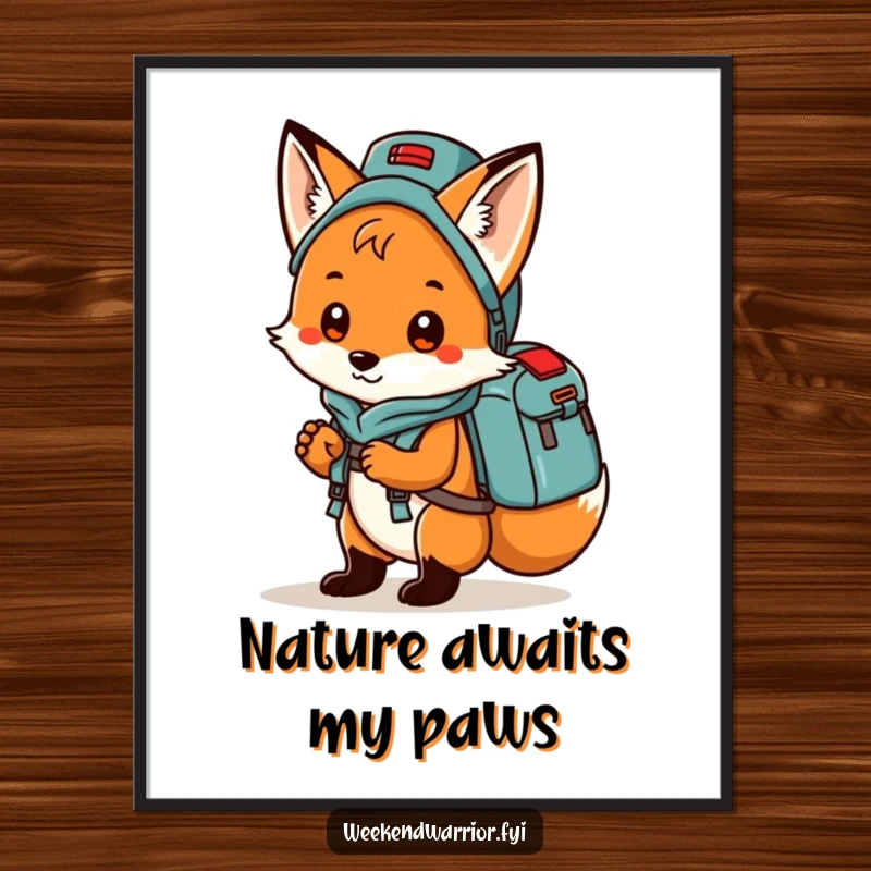Funny fox carrying a camping backpack, adventuring through a whimsical forest on a digital art print.