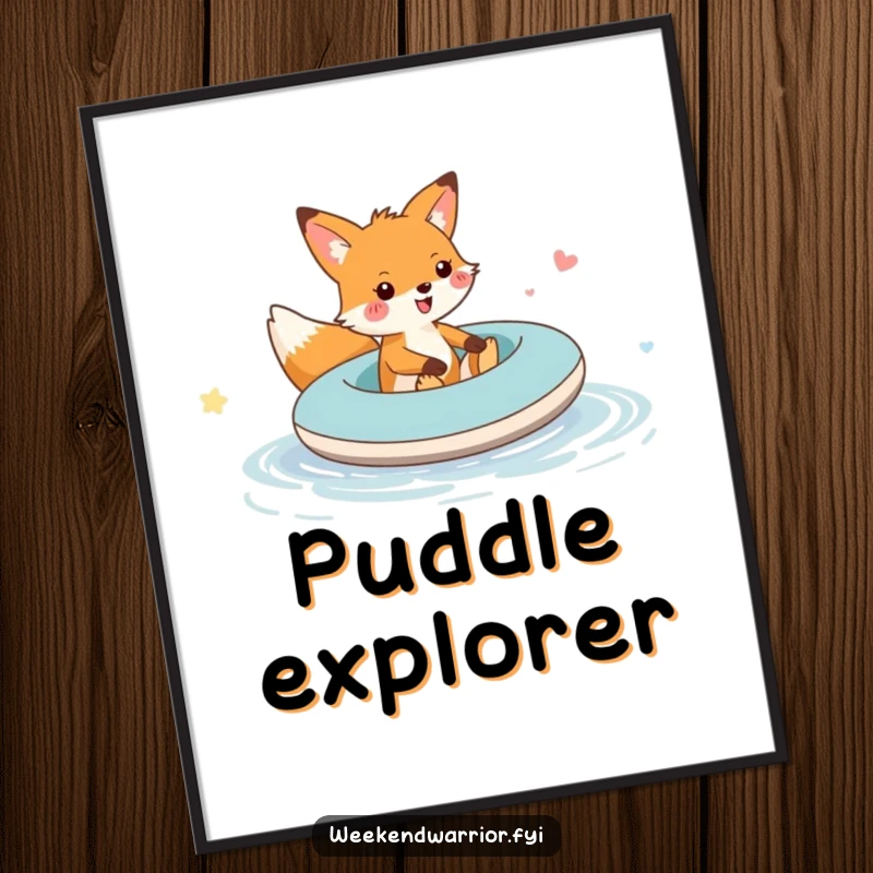 Funny fox raft puddle digital art print of a cheerful fox riding an inflatable raft, bringing playful energy and joy.