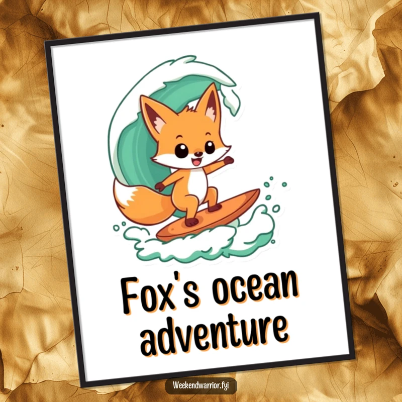 Funny digital art print of a playful fox character confidently surfing a stylized green wave, symbolizing coolness.