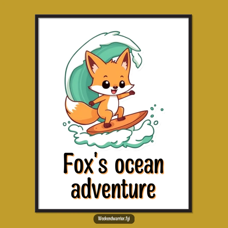 Funny Fox Surfer Digital Art: Cool Wall Decor, Green Wave, Unique Humorous Gift