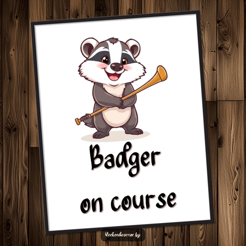 Funny digital art print of a happy badger with a determined grin, swinging a golf club, a sporty celebration.