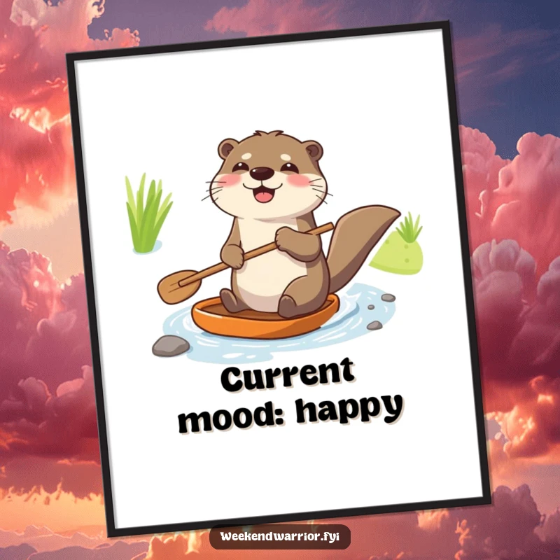 Funny digital art print of a joyful otter holding a paddle enthusiastically navigating a tiny stream, ideal for instant download.