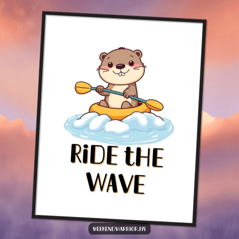 Funny Kawaii Otter Digital Art Print featuring a smiling character kayaking rapids, perfect for instant humorous aquatic decor. Instant funny gift.
