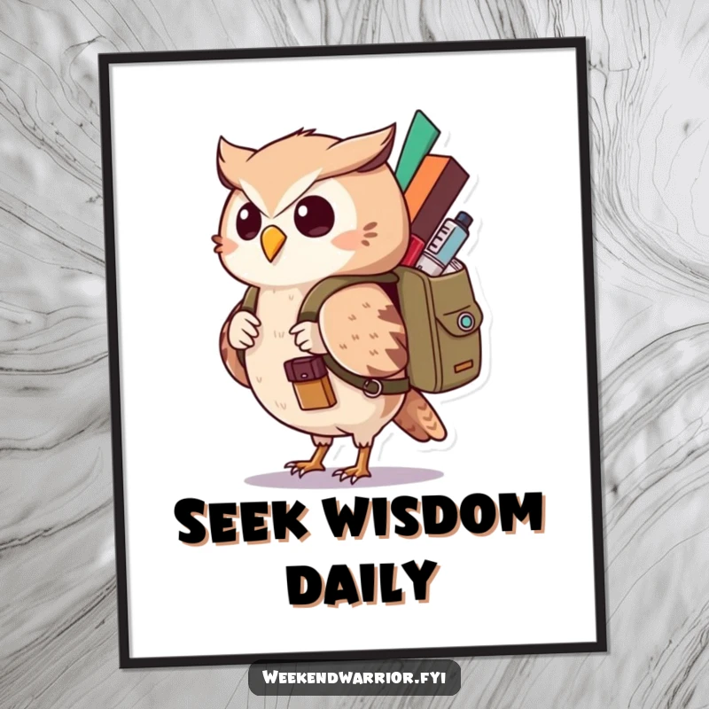 Funny Kawaii Owl Digital Art Print featuring a curious character with a backpack, perfect for instant humorous adventure decor. Instant funny gift.