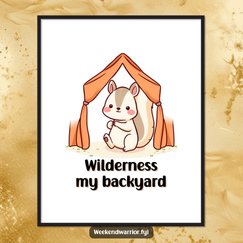 Funny Kawaii squirrel character humorously setting up a small tent on a digital art print, radiating determination.