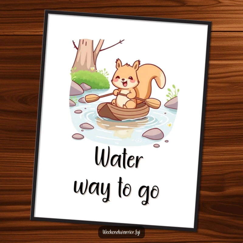 Funny kawaii squirrel joyfully paddling a small raft down a stream, as a downloadable digital art print. Serene and humorous wall decor.