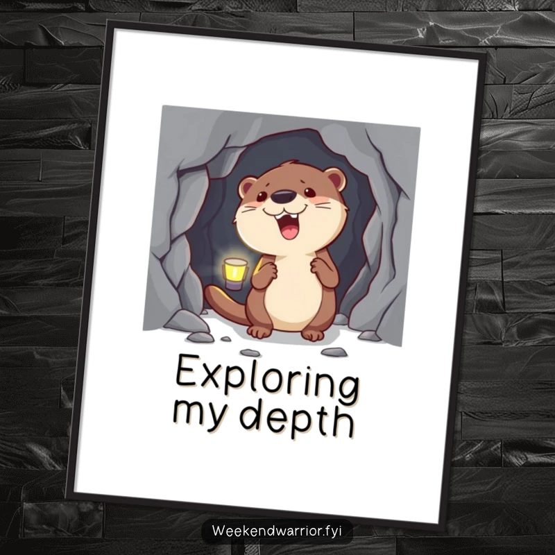 Funny Otter Digital Art Print of a happy otter wearing a headlamp, exploring a cave, bringing a smile.
