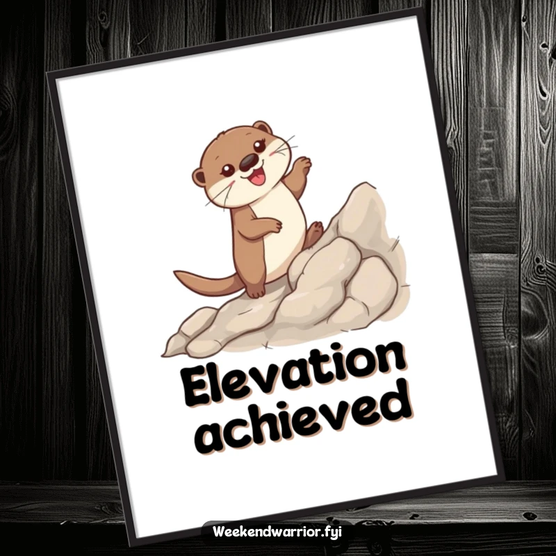 Funny digital art print of a delighted otter joyfully ascending a rocky gradient, exuding happiness and determination.