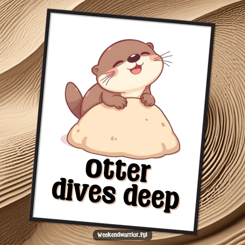 Funny otter digital art print showing a playful otter gleefully headbutting into a soft mound, humorous and cute downloadable art.