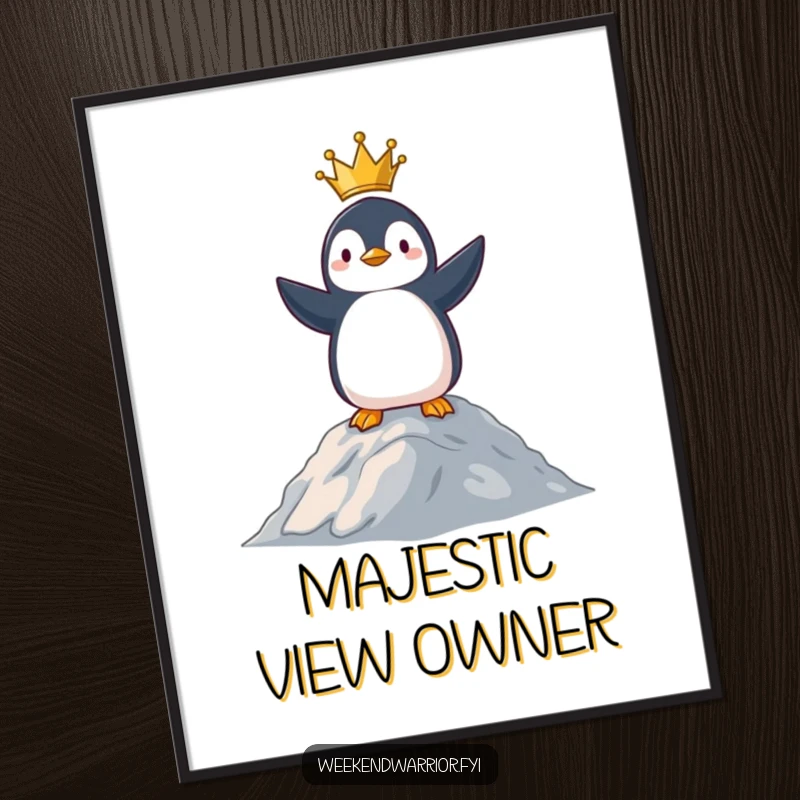Funny digital art print of a proud penguin standing atop a hill, surveying its domain victoriously with regal authority.