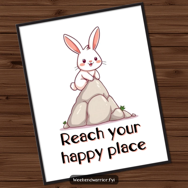 Funny determined rabbit with a satisfied smile scaling a small rock formation on a humorous digital art print.