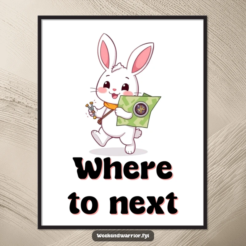 Funny rabbit digital art print of a helpful white character enthusiastically holding a map and compass, for humorous decor.