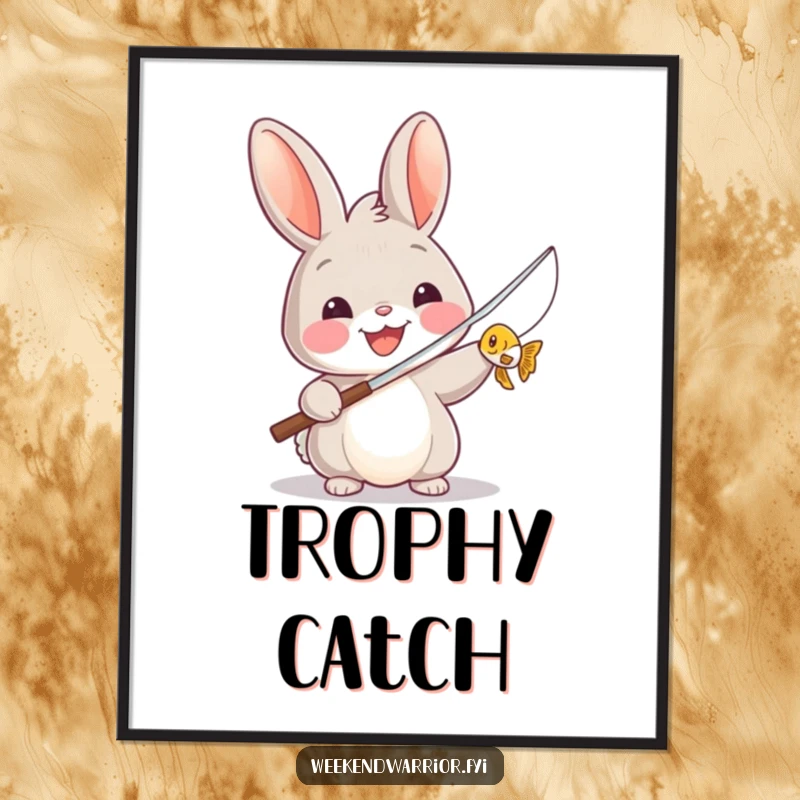Funny digital art print of a rabbit triumphantly holding a fishing rod with a tiny fish, perfect for instant humor.