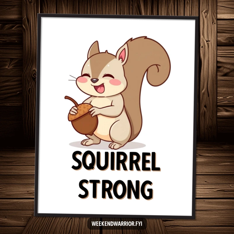 Funny squirrel muscle digital art print of a giggling squirrel flexing its arm muscles after lifting an acorn, conveying playful power.
