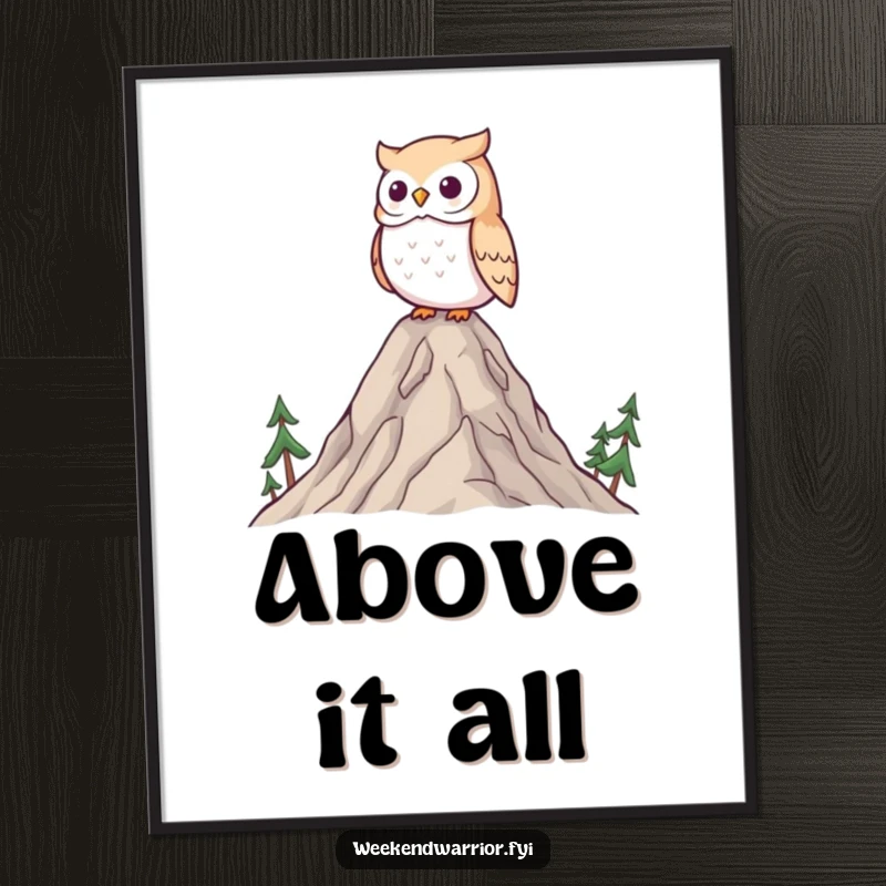 Funny Kawaii owl digital art print, a wise owl surveying a landscape from the top of a tiny mountain, peaceful decor.