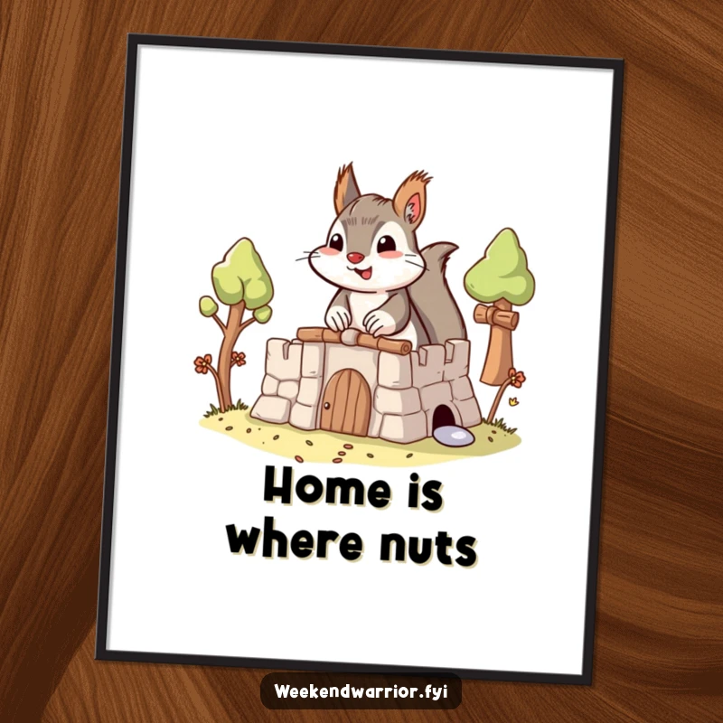 Funny Builder Squirrel Art Print of a determined squirrel building an elaborate fort, ideal for instant wall decor.