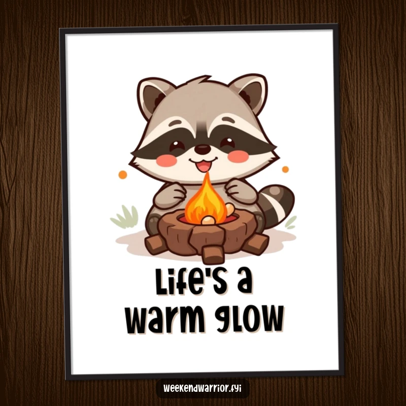 Funny Kawaii Raccoon Digital Art Print featuring a joyful grilling character, perfect for instant humorous culinary decor. Instant funny gift.