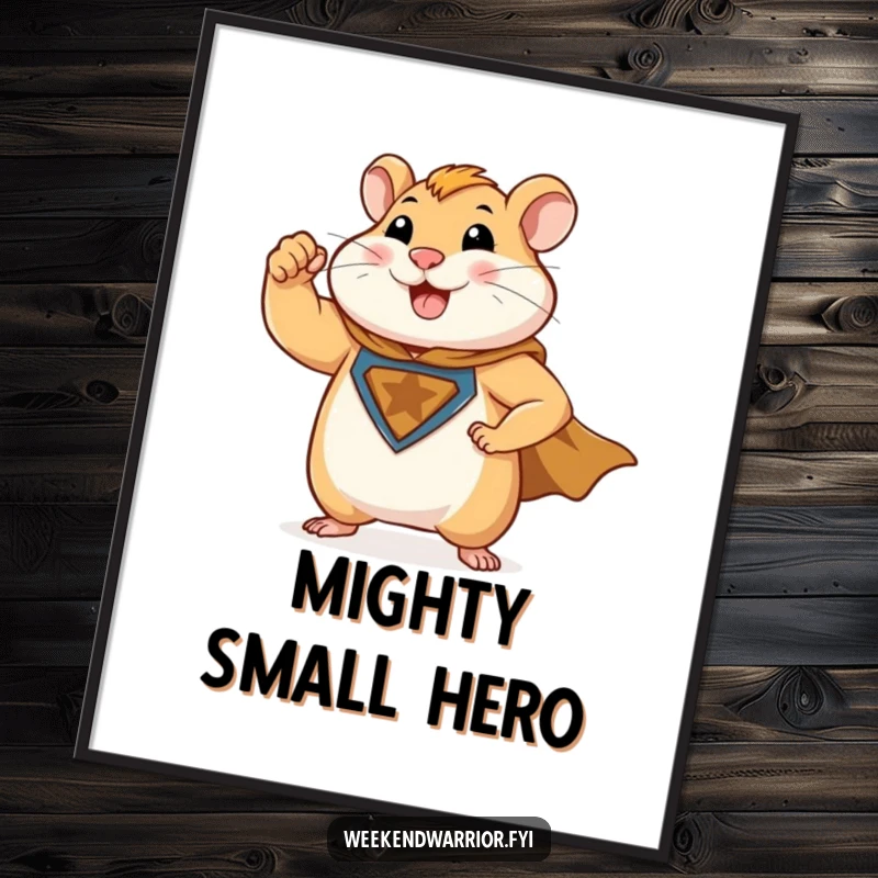 Funny digital art print of a muscular hamster character flexing its bicep and wearing a superhero cape, symbolizing strength.
